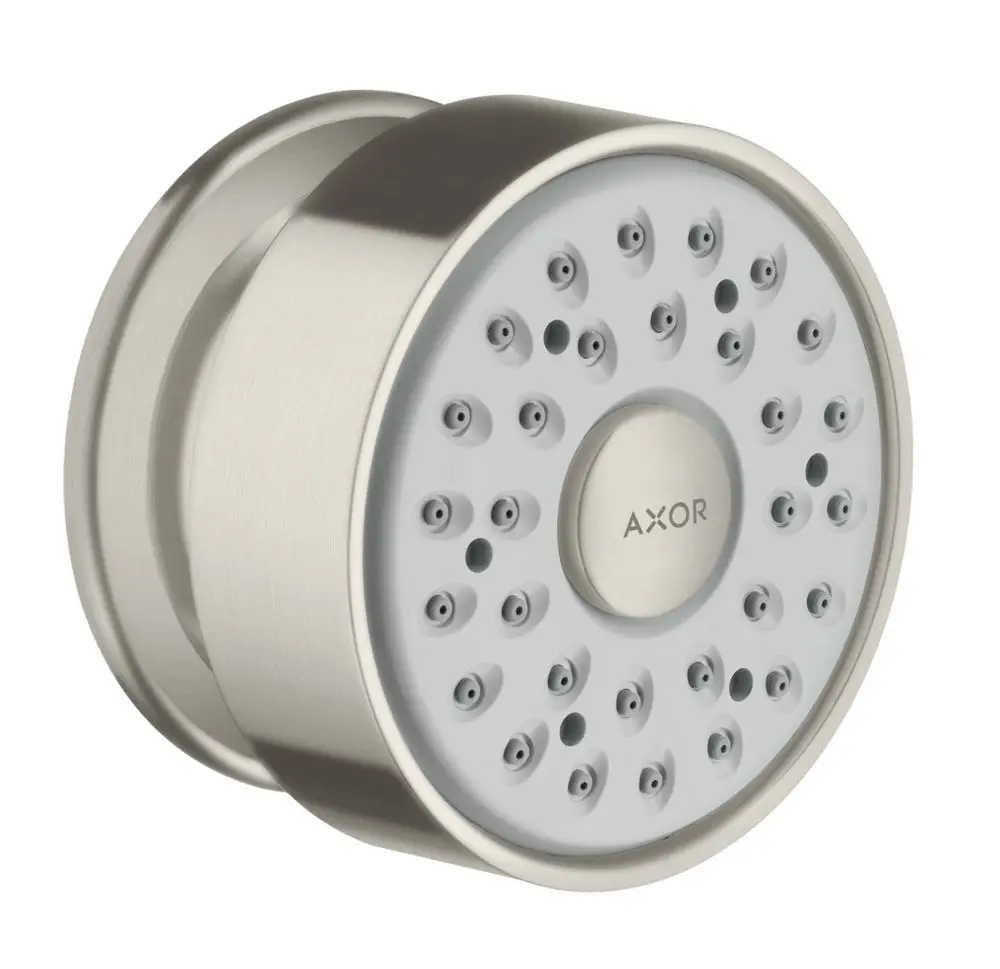 Runde Edelstahl-Dusche mit mehreren Düsen aus der Produktlinie von Hansgrohe, geeignet für Duschinstallationen.